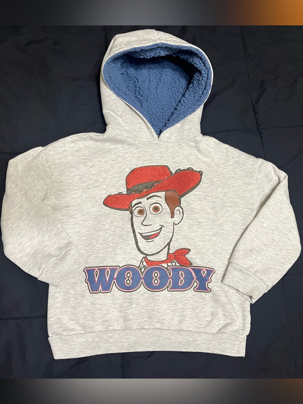 Toy Story Woody Sweatshirt Kids Sz 7/8 Gray Fuzzy Hood Disney Pixar Pullover